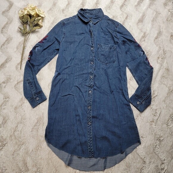 Rails Dark Denim Style Button Up Blouse Dress With Embroidered Stitch Blue XS - Picture 1 of 12